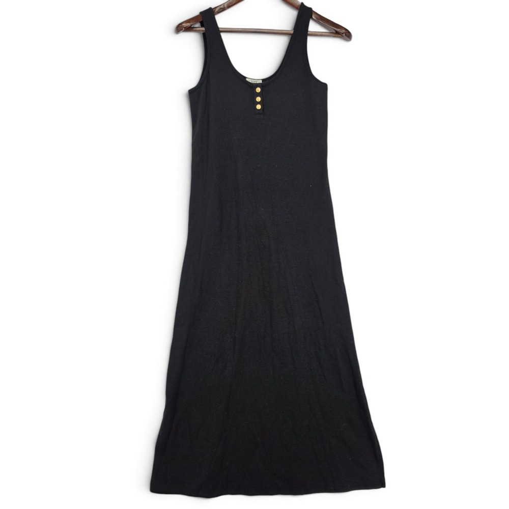 NIC+ZOE NZT Black Cotton Tank Midi Dress XS Gold Button Coastal Minimalist NWT‎
